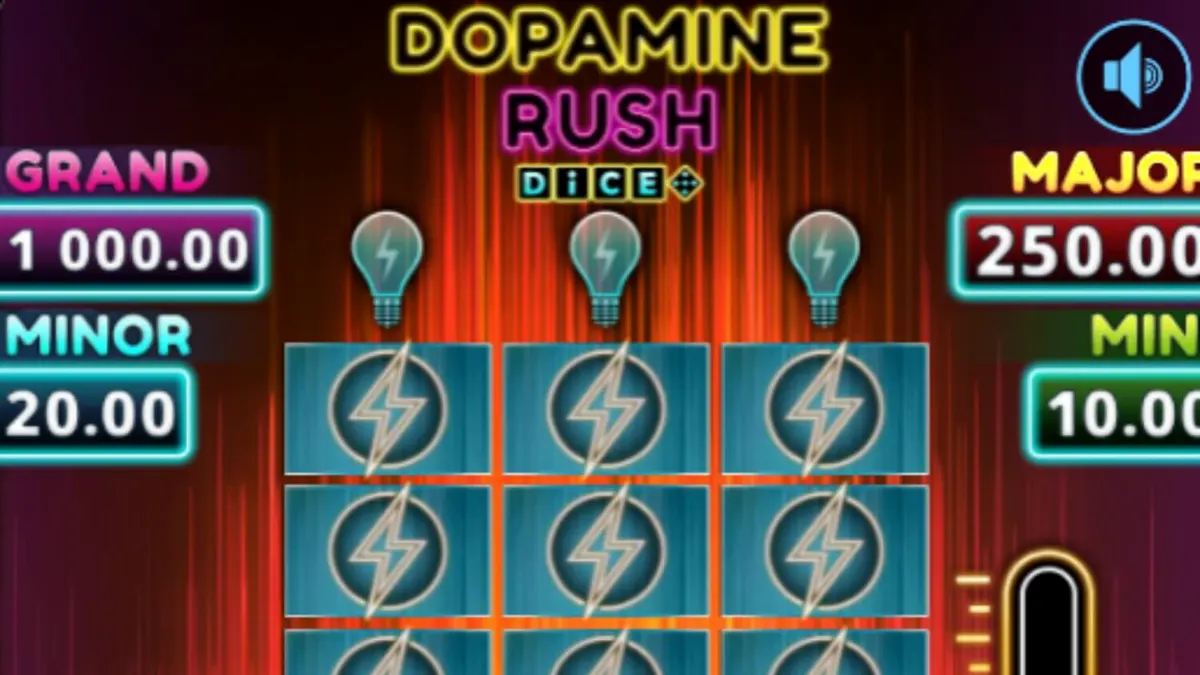 Tampilan visual neon dari slot Dopamine Rush Dice dengan simbol arcade futuristik