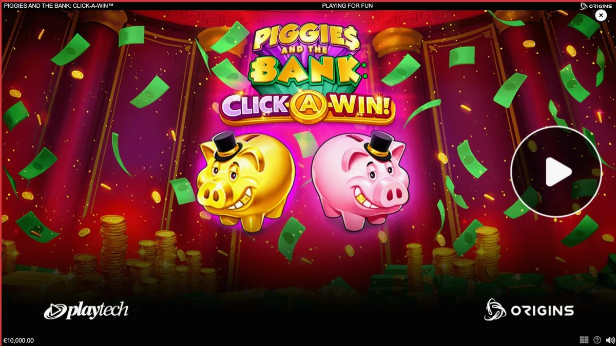 Piggies and the Bank: Click-A-Win slot game screen with golden coins and piggy bank theme
